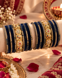 Blue Designer Bangle Set for Women, Stone Studded Kangan Choodiyan with Pearl & Gold Detailing, Wedding Festive Jewellery, Size 2.6