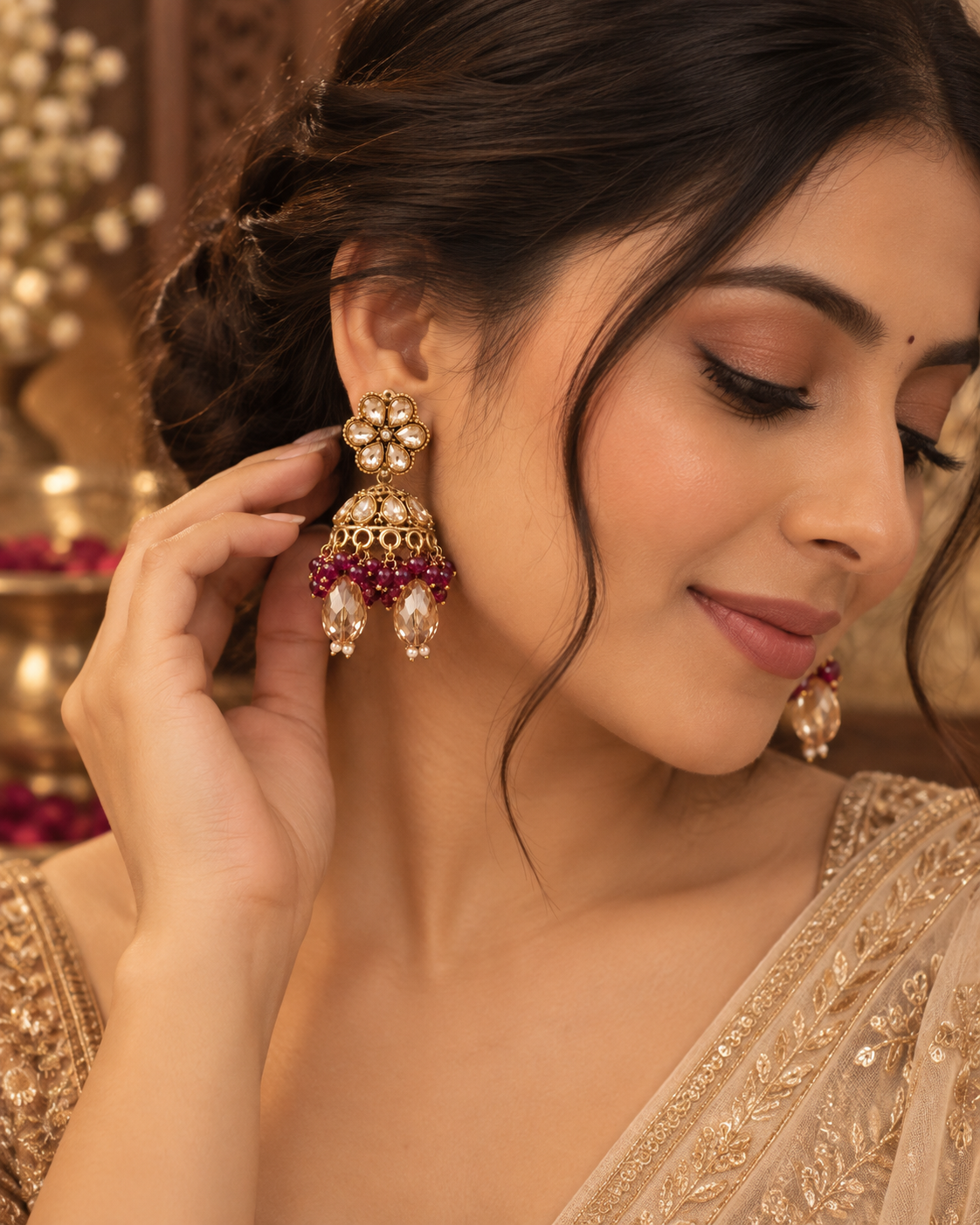 Jhumka Earrings for Women, Traditional Indian Ethnic Earrings with Maroon Beads & Crystal-Style Drops, Floral Jhumki Jewellery for Wedding, Festive & Party Wear
