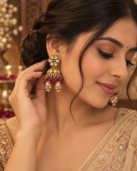 Jhumka Earrings for Women, Traditional Indian Ethnic Earrings with Maroon Beads & Crystal-Style Drops, Floral Jhumki Jewellery for Wedding, Festive & Party Wear