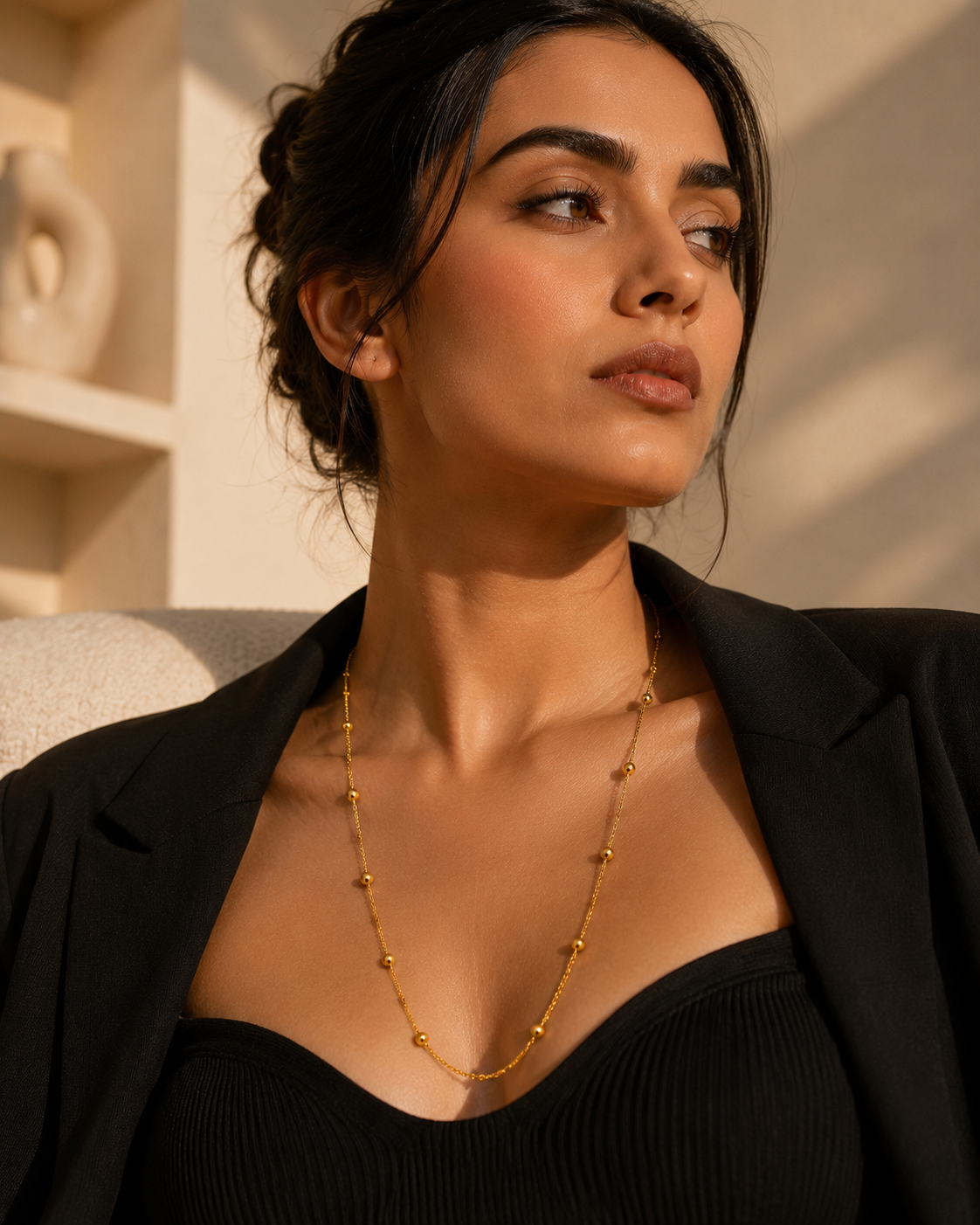 Gold Beaded Long Necklace for Women | Dainty Ball Chain Necklace | Minimalist Layering Jewellery