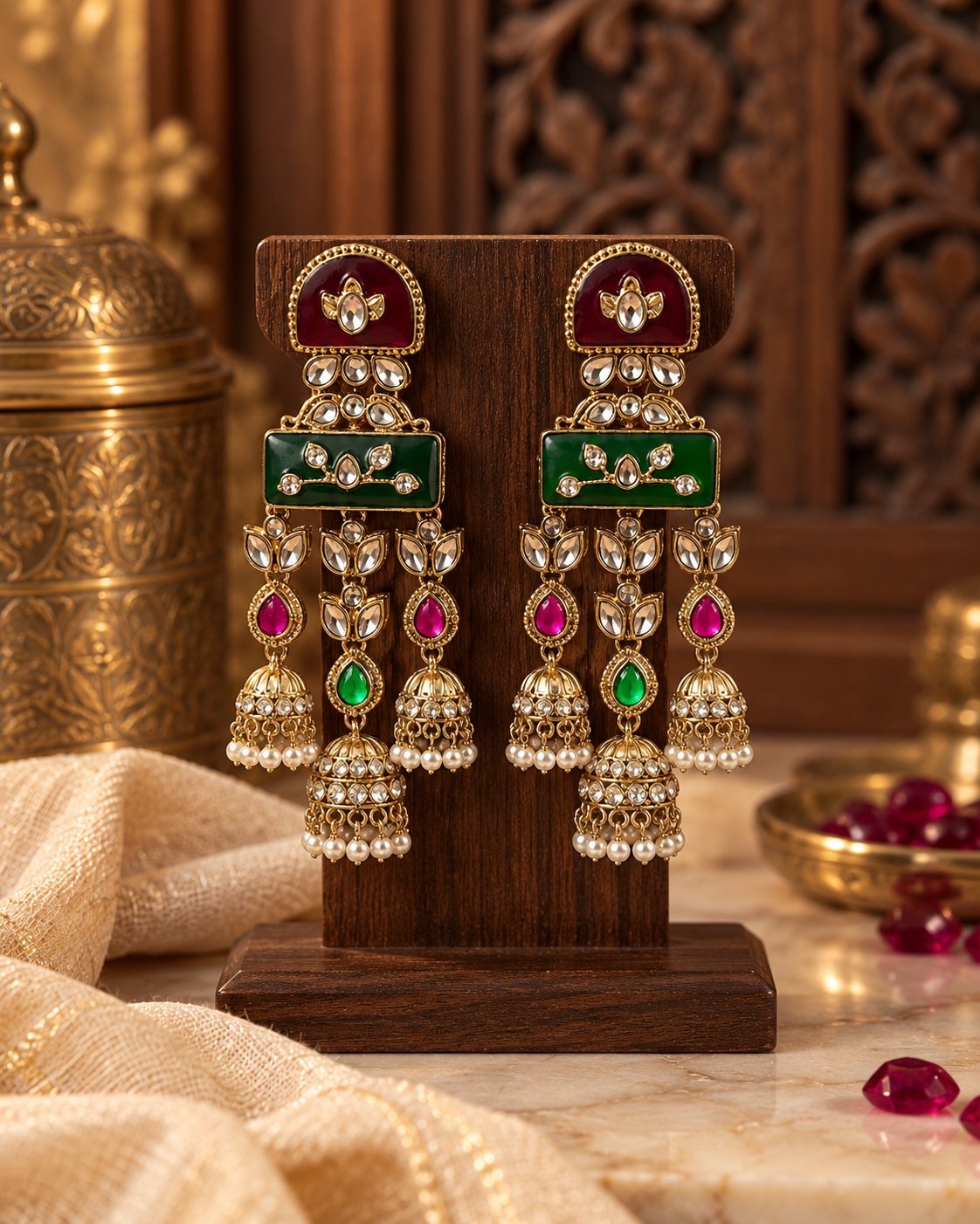 Festive Indian Earrings for Women, Traditional Kundan-Style Jhumka Drop Earrings with Red & Green Detailing, Ethnic Jewellery for Karwa Chauth, Wedding & Diwali