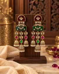 Festive Indian Earrings for Women, Traditional Kundan-Style Jhumka Drop Earrings with Red & Green Detailing, Ethnic Jewellery for Karwa Chauth, Wedding & Diwali