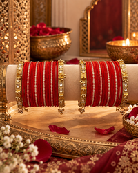 Red Designer Bangle Set for Women, Stone Studded Traditional Chooda Kangan, Gold-Tone Festive Wedding Jewellery for Saree & Lehenga, Size 2.6