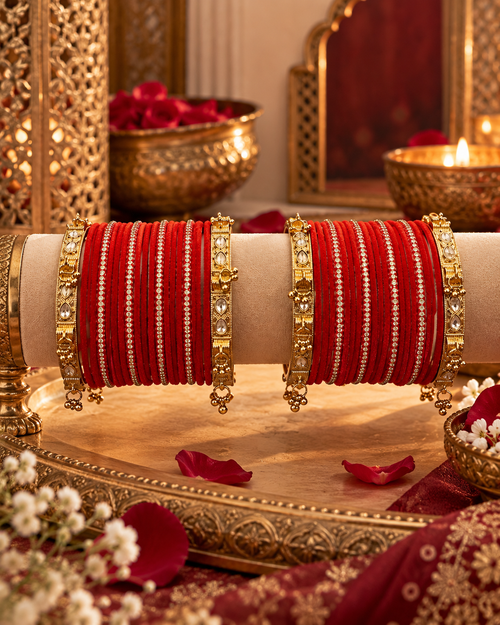 Red Designer Bangle Set for Women, Stone Studded Traditional Chooda Kangan, Gold-Tone Festive Wedding Jewellery for Saree & Lehenga, Size 2.6