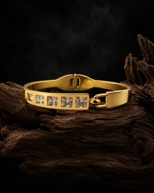 Anti Tarnish Gold Bracelet for Women | Crystal Square Stone Statement Bracelet | Elegant Geometric Cuff Jewellery | Stylish Everyday & Party Wear