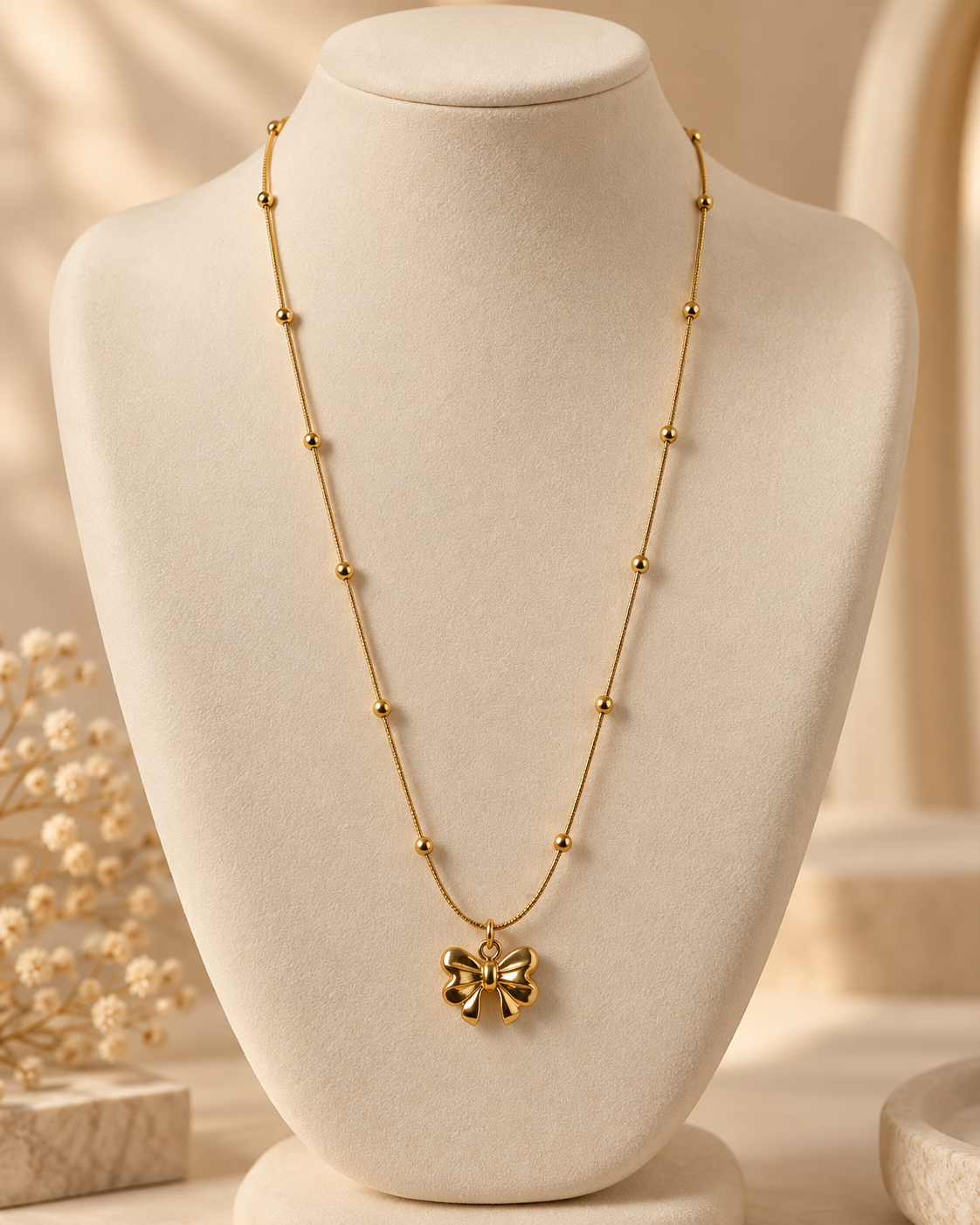Bow Pendant Necklace for Women | Gold-Tone Beaded Chain Necklace | Elegant Minimalist Jewellery