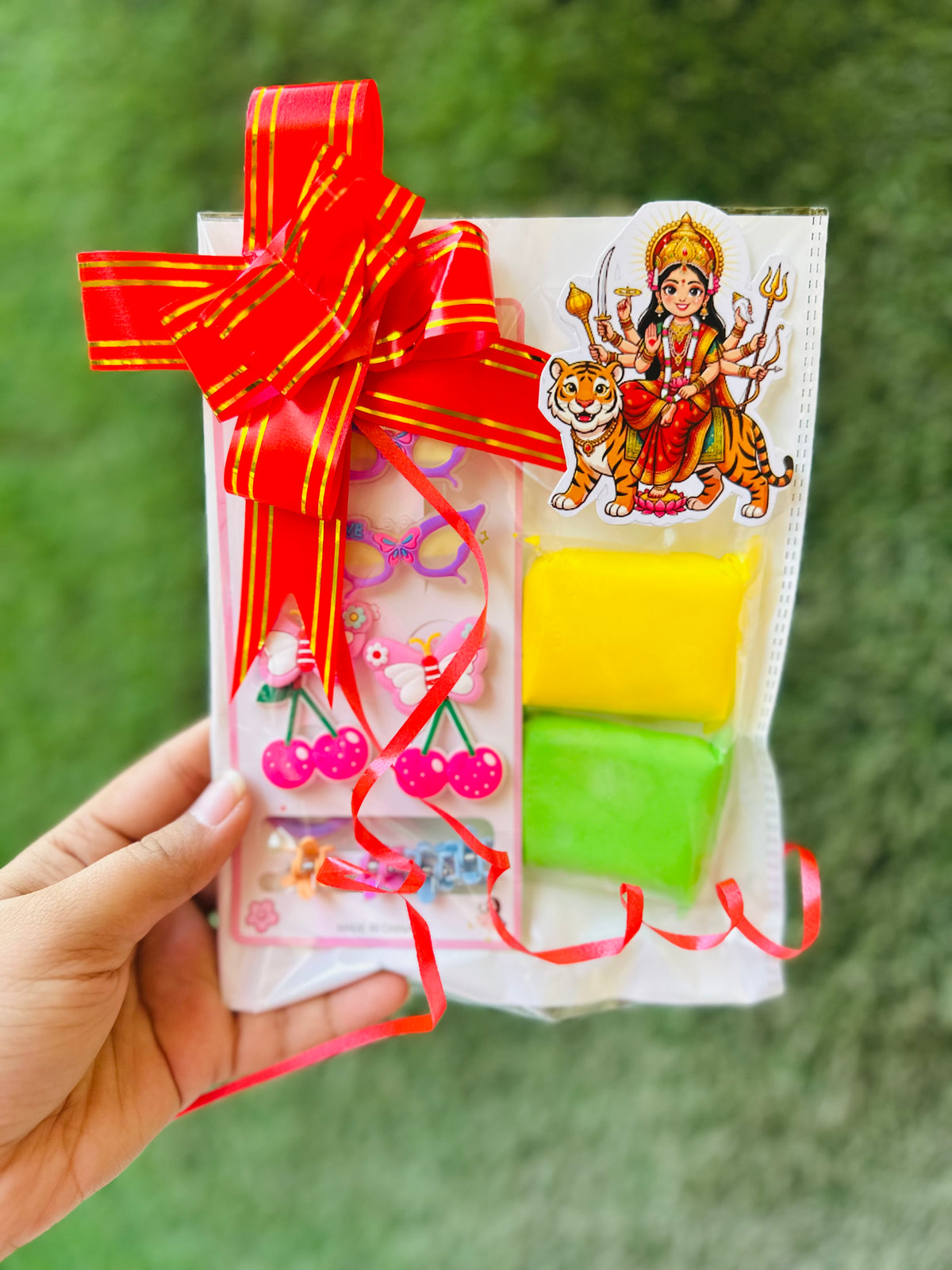 Navratri Kanjak Hamper Pack of 10, Girls Hair Accessories Set with 2-Colour Dry Clay & 2 Eclairs, Colourful Butterfly and Flower Hair Clips, Kanya Pujan Return Gift