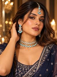 Indian Choker Necklace Set for Women with Earrings and Maang Tikka, Heavy Look Traditional Ethnic Jewellery for Wedding, Festive Wear and Party Occasions