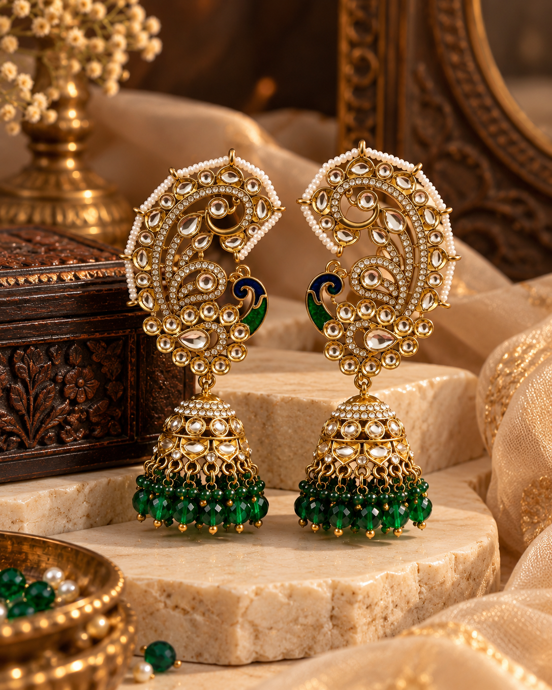 Kundan Ear Cuffs for Women, Peacock Design Festive Earrings with Pearl Border and Green Bead Jhumka Detailing for Karwa Chauth, Diwali, Wedding & Parties