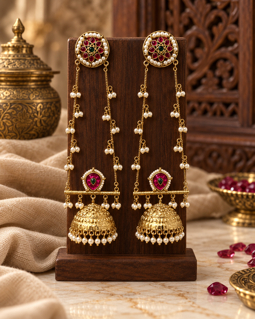 Festive Indian Jhumka Earrings for Women, Lightweight Heavy-Look Jhumkas with Beads & Kaan Chain Ear Support, Unique Ethnic Jewellery for Karwa Chauth, Diwali & Weddings
