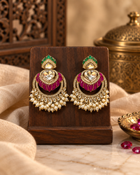 Royal Pink & Green Chandbali Earrings with Pearl Drops – Gold-Tone Traditional Indian Statement Jewellery