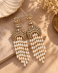 Pearl Long Drop Earrings for Women, Kundan-Style Gold-Tone Chandbali Earrings with Layered Pearl Drops, Traditional Ethnic Jewellery for Wedding, Festive & Party Wear