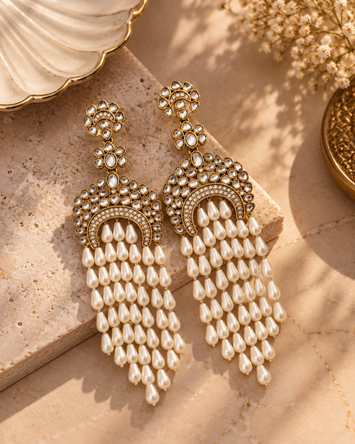 Pearl Long Drop Earrings for Women, Kundan-Style Gold-Tone Chandbali Earrings with Layered Pearl Drops, Traditional Ethnic Jewellery for Wedding, Festive & Party Wear