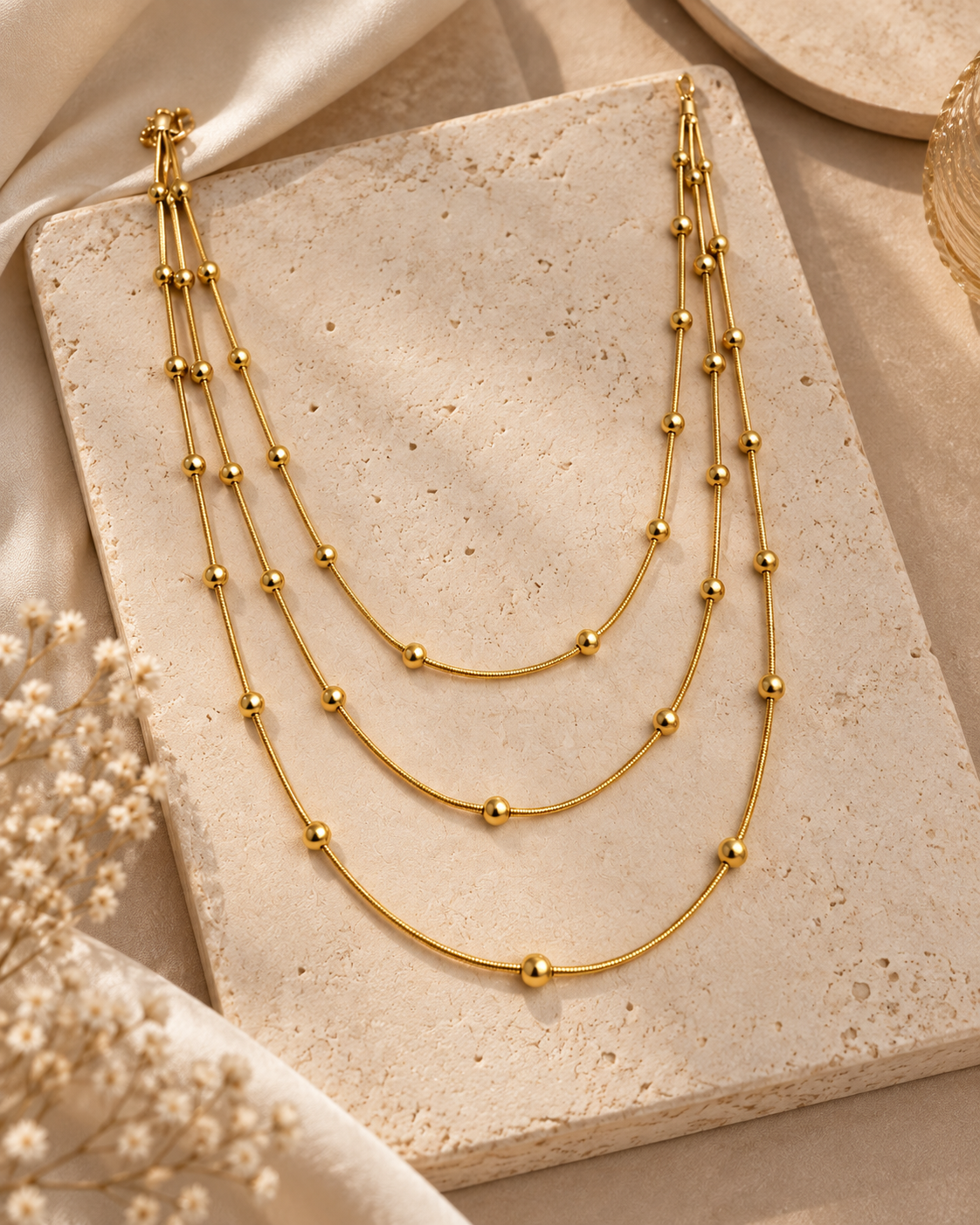 Gold Layered Beaded Necklace for Women | 3-Layer Ball Bead Chain Necklace | Elegant Statement Jewellery for Women