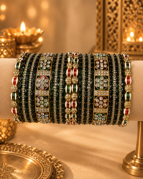 Dark Green Designer Bangles Set with Meenakari & Crystal Work