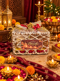 Premium Diwali Gift Hamper with Makhana, Beetroot Chips, Handmade Shubh Labh, Mug & Lotus Candle Holders | Festive Gift Basket