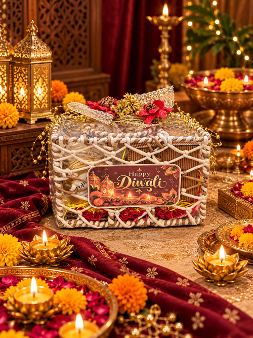 Premium Diwali Gift Hamper with Makhana, Beetroot Chips, Handmade Shubh Labh, Mug & Lotus Candle Holders | Festive Gift Basket