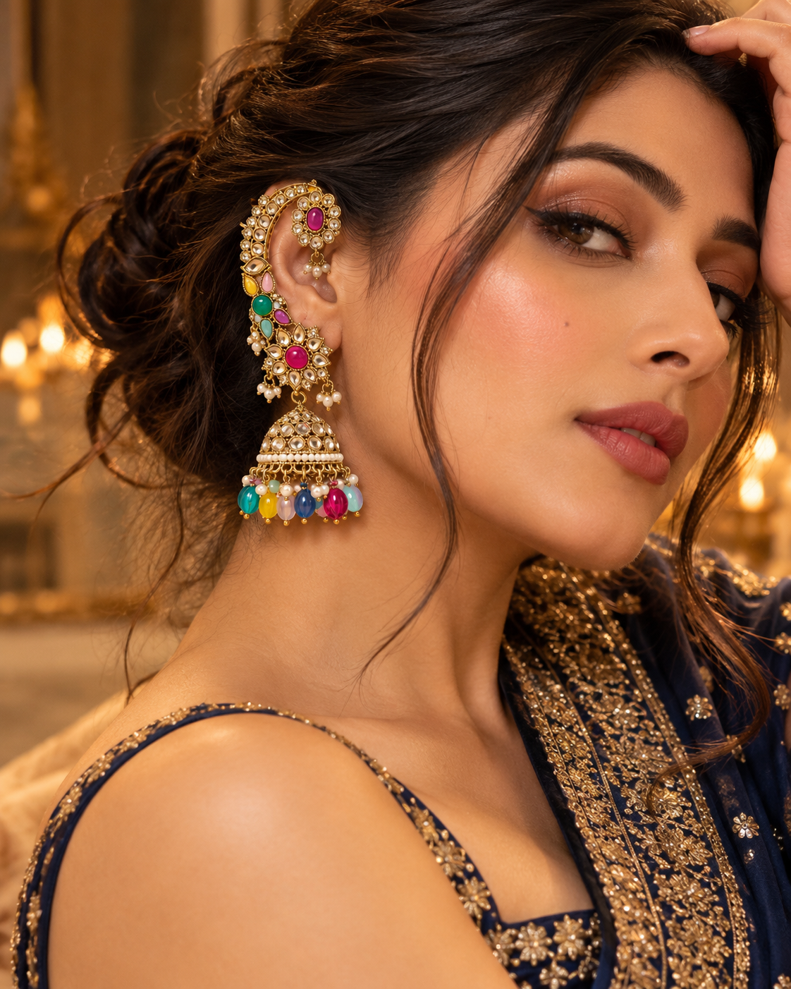 Multicolour Kundan Jhumka Earrings for Women | Traditional Gold-Tone Festive Jewellery