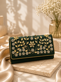 Handcrafted Green Velvet Floral Pearl Embroidered Clutch for Women