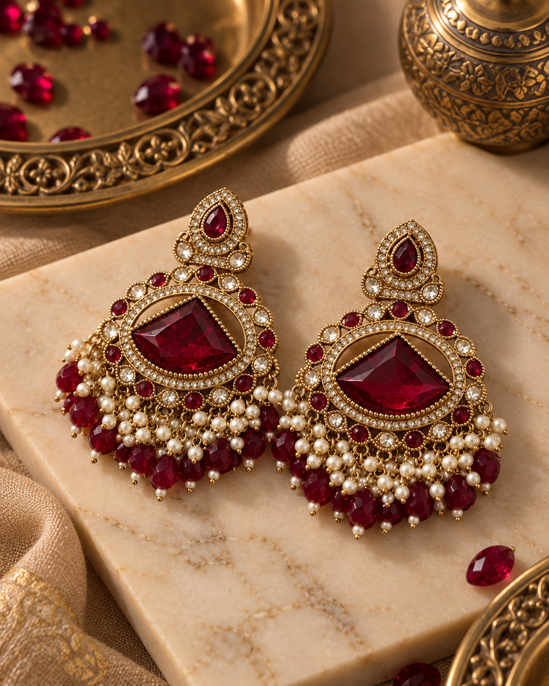 Premium Festive Indian Earrings for Women, Heavy-Look Lightweight Statement Earrings with Red Stones & Pearl Bead Detailing for Karwa Chauth, Diwali, Weddings & Functions