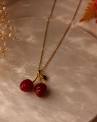 Anti Tarnish Cherry Pendant Necklace for Women | Cute Cherry Charm Gold Necklace