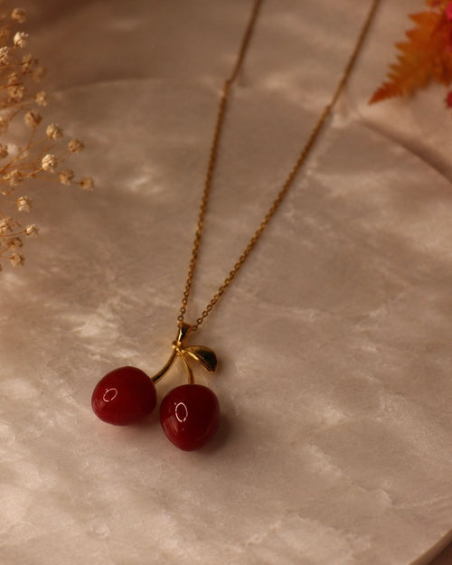 Anti Tarnish Cherry Pendant Necklace for Women | Cute Cherry Charm Gold Necklace