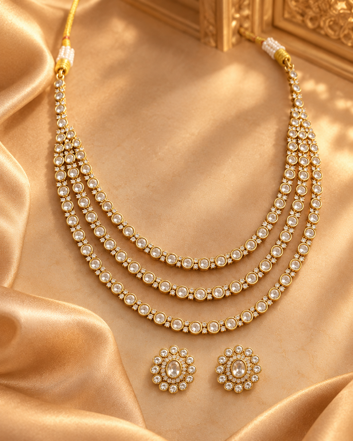 Premium Heavy Look AD Necklace Set for Women, 3-Layer Necklace with Matching Earrings, Festive Jewellery for Wedding, Karwa Chauth, Diwali & Parties
