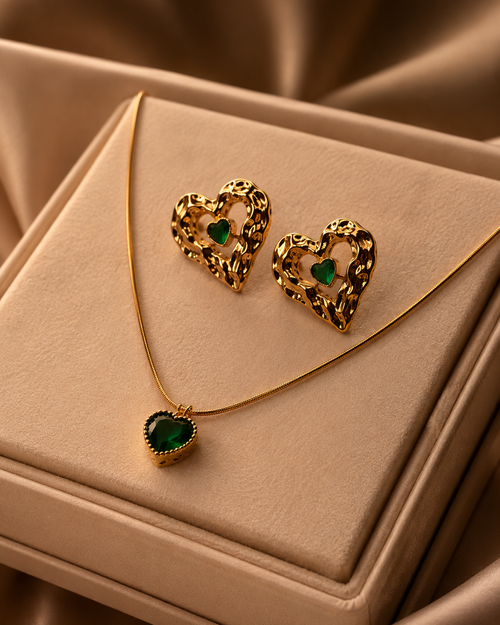 Anti Tarnish Green Heart Pendant & Earrings Combo for Women