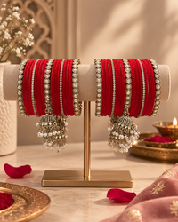 Red Velvet Bangle Set for Women, Designer Stone Studded Chooda Kangan, Traditional Ethnic Jewellery for Wedding Festive Wear, Size 2.6