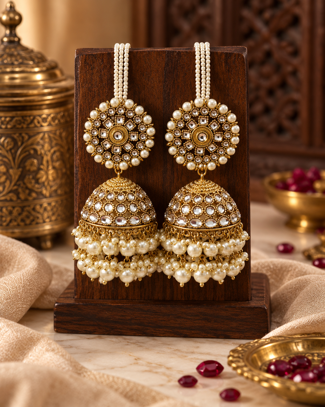Premium Jhumki Earrings for Women, Pearl & Stone Studded Traditional Indian Ethnic Earrings for Karwa Chauth, Wedding, Diwali, Festive & Party Wear