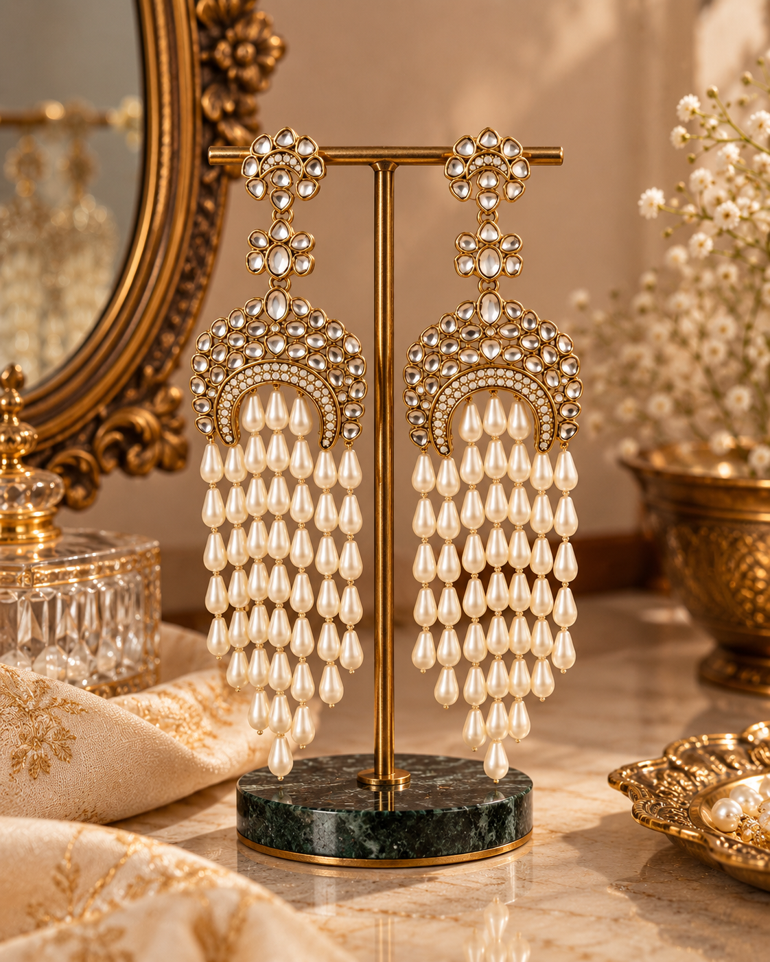 Pearl Long Drop Earrings for Women, Kundan-Style Gold-Tone Chandbali Earrings with Layered Pearl Drops, Traditional Ethnic Jewellery for Wedding, Festive & Party Wear