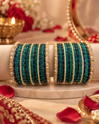 Green Bangle Set for Women, Designer Blue Teal Kangan Choodiyan with Stone Studded Gold Detailing, Wedding Festive Jewellery, Sizes 2.4, 2.6 & 2.8