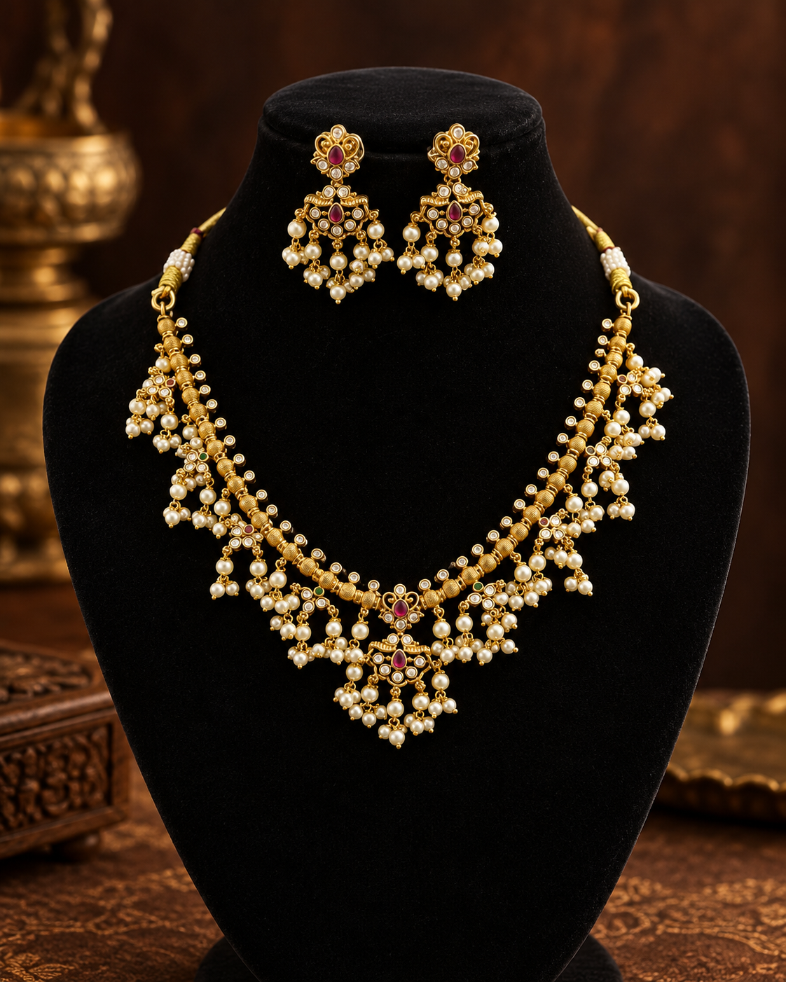 South Indian Necklace Set for Women, Gold-Look Traditional Jewellery with Necklace & Matching Earrings, Pearl-Style Accents for Wedding, Festive & Saree Wear
