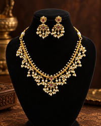 South Indian Necklace Set for Women, Gold-Look Traditional Jewellery with Necklace & Matching Earrings, Pearl-Style Accents for Wedding, Festive & Saree Wear