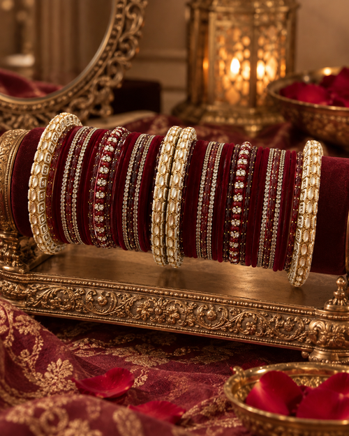 Maroon Velvet Bangles for Women, Designer Stone Studded Kangan Set, Traditional Bridal Jewellery with Gold-Tone Detailing for Wedding & Festive Wear, Sizes 2.4 2.6 2.8