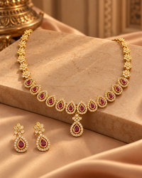 AD Necklace Set for Women, Premium Gold-Look American Diamond Jewellery with Necklace & Matching Earrings, Traditional Festive Wedding Jewellery for Saree & Ethnic Wear