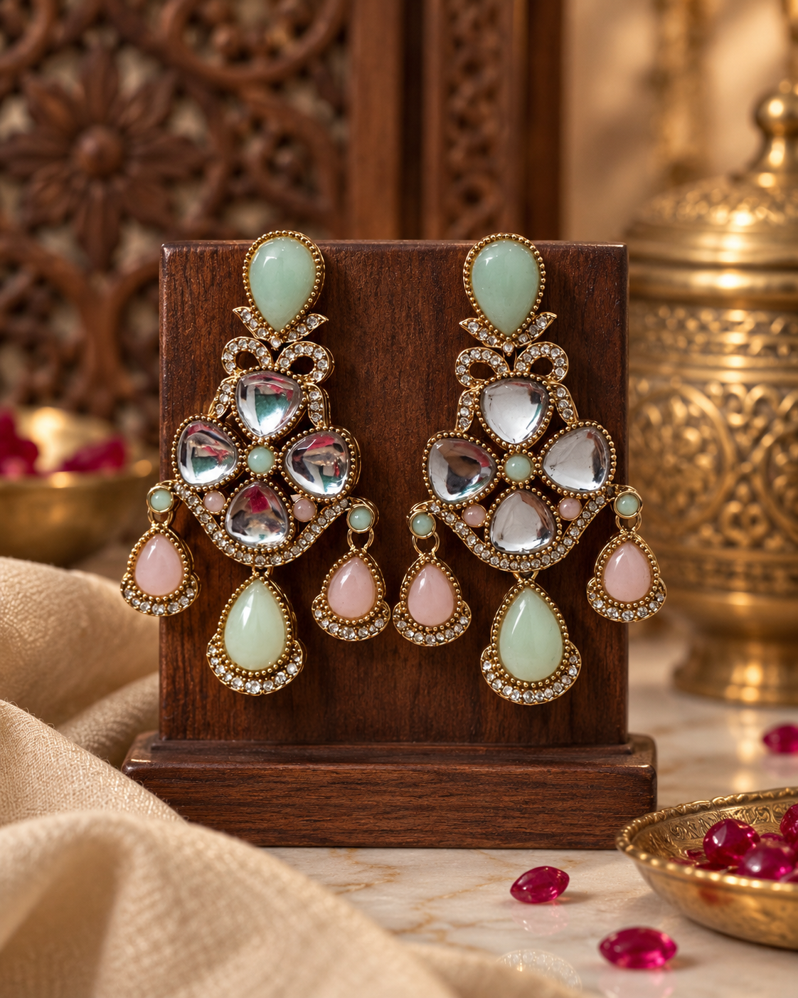 Statement Kundan-Style Drop Earrings for Women, Traditional Indian Ethnic Jewellery, Gold-Tone Designer Earrings for Festive, Wedding & Party Wear