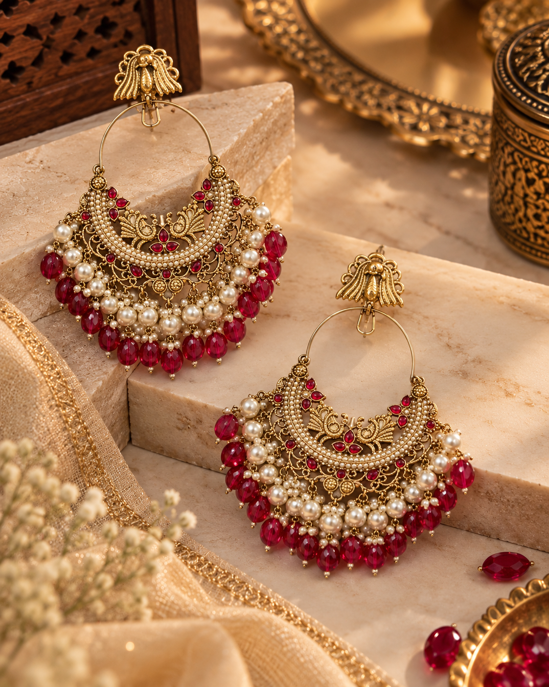 Ruby Red Chandbali Earrings with Pearl Drops | Gold-Tone Traditional Statement Jewellery for Women