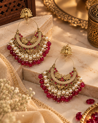 Ruby Red Chandbali Earrings with Pearl Drops | Gold-Tone Traditional Statement Jewellery for Women