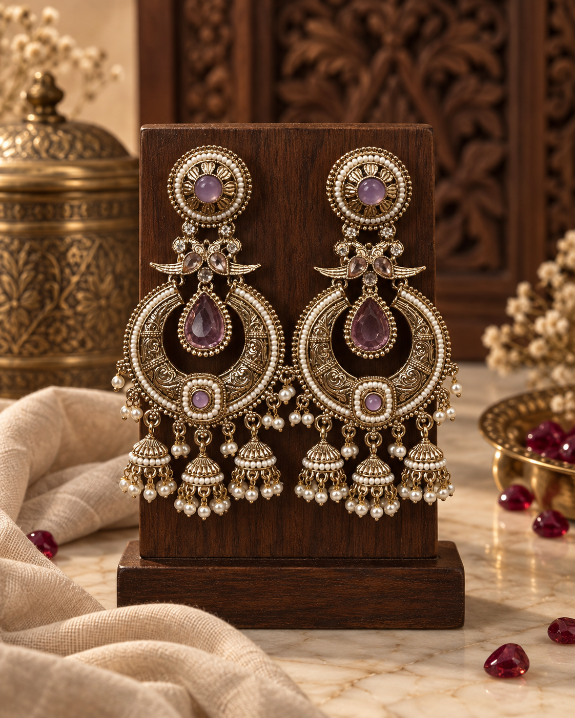 Statement Jhumka Earrings for Women, Traditional Indian Ethnic Jewellery with Purple Stones & Pearl Details, Long Designer Earrings for Wedding & Festive Wear