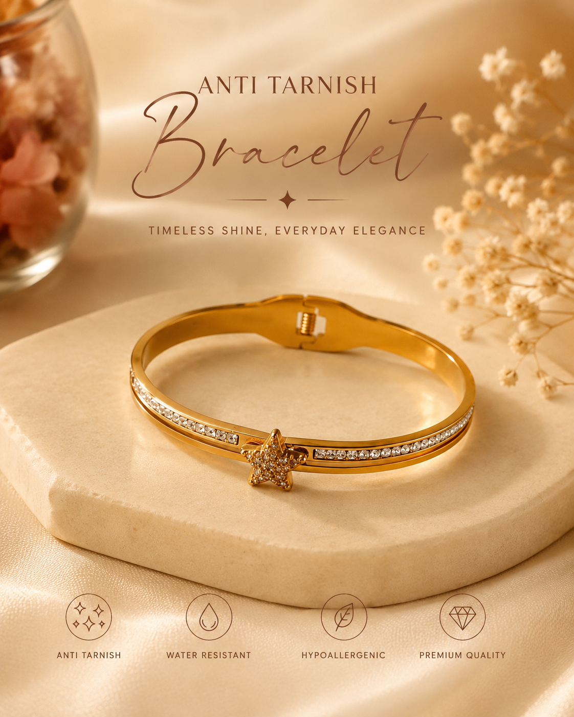 Premium Anti Tarnish Star Crystal Bracelet for Women | Gold Stainless Steel Bangle Bracelet | Waterproof Hypoallergenic Tarnish-Free Jewelry