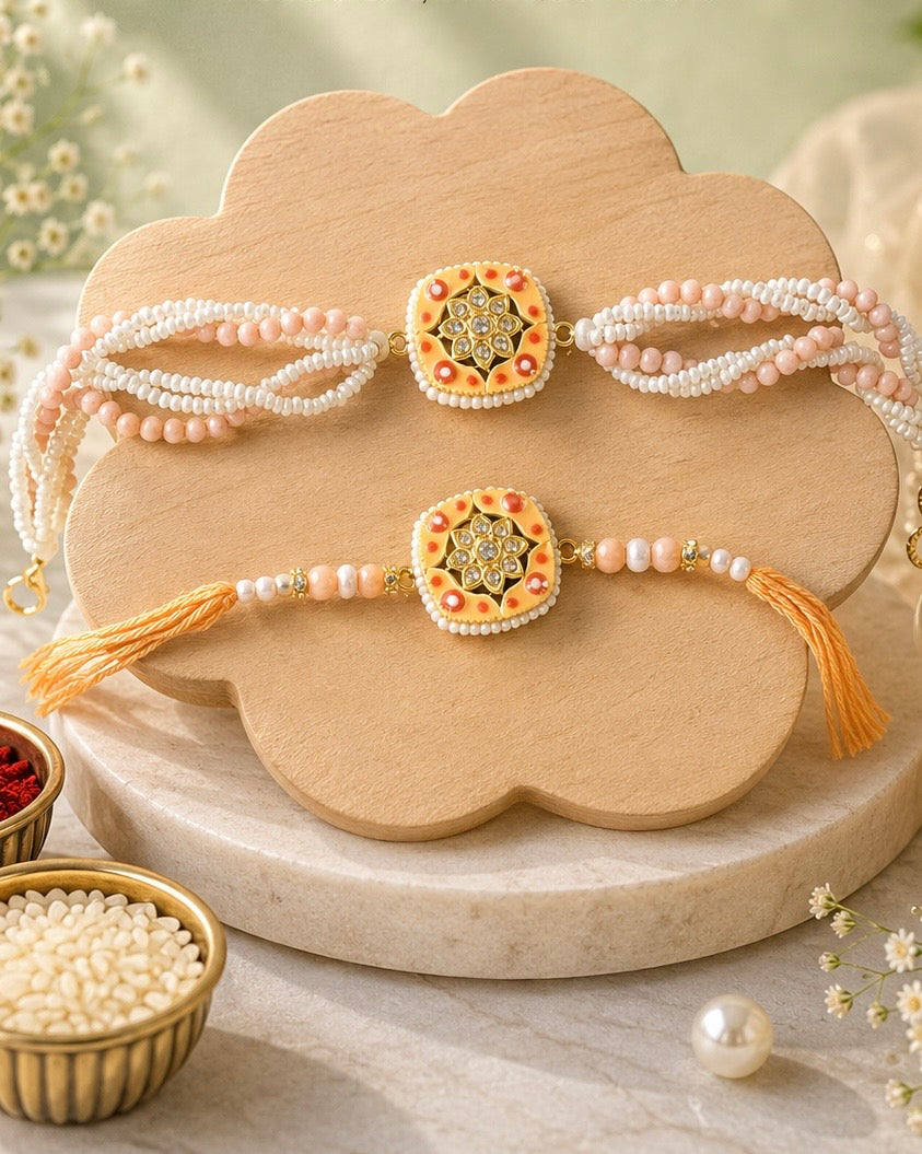 Handmade Brother & Sister Rakhi Set with Roli Chawal | Designer Pearl Rakhi Pair | Available in Mint Green & Peach | Raksha Bandhan Gift