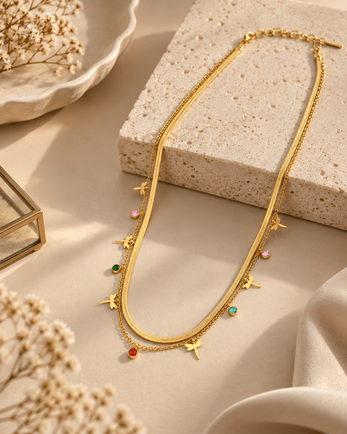 Anti-Tarnish Butterfly Charm Layered Necklace for Women | Gold-Tone Multicolor Crystal Statement Jewellery
