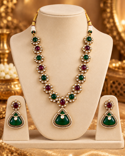 Green Maroon Moissanite Necklace Set for Women with Earrings, Heavy-Look Lightweight Indian Ethnic Jewellery for Wedding, Diwali, Karwa Chauth & Festive Occasions