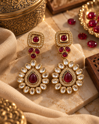 Festive Indian Earrings for Women, Minimalist Gold-Tone Red & Green Stone-Style Drop Earrings, Traditional Ethnic Jewellery for Karwa Chauth, Wedding, Diwali & Functions