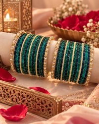 Green Bangle Set for Women, Designer Blue Teal Kangan Choodiyan with Stone Studded Gold Detailing, Wedding Festive Jewellery, Sizes 2.4, 2.6 & 2.8