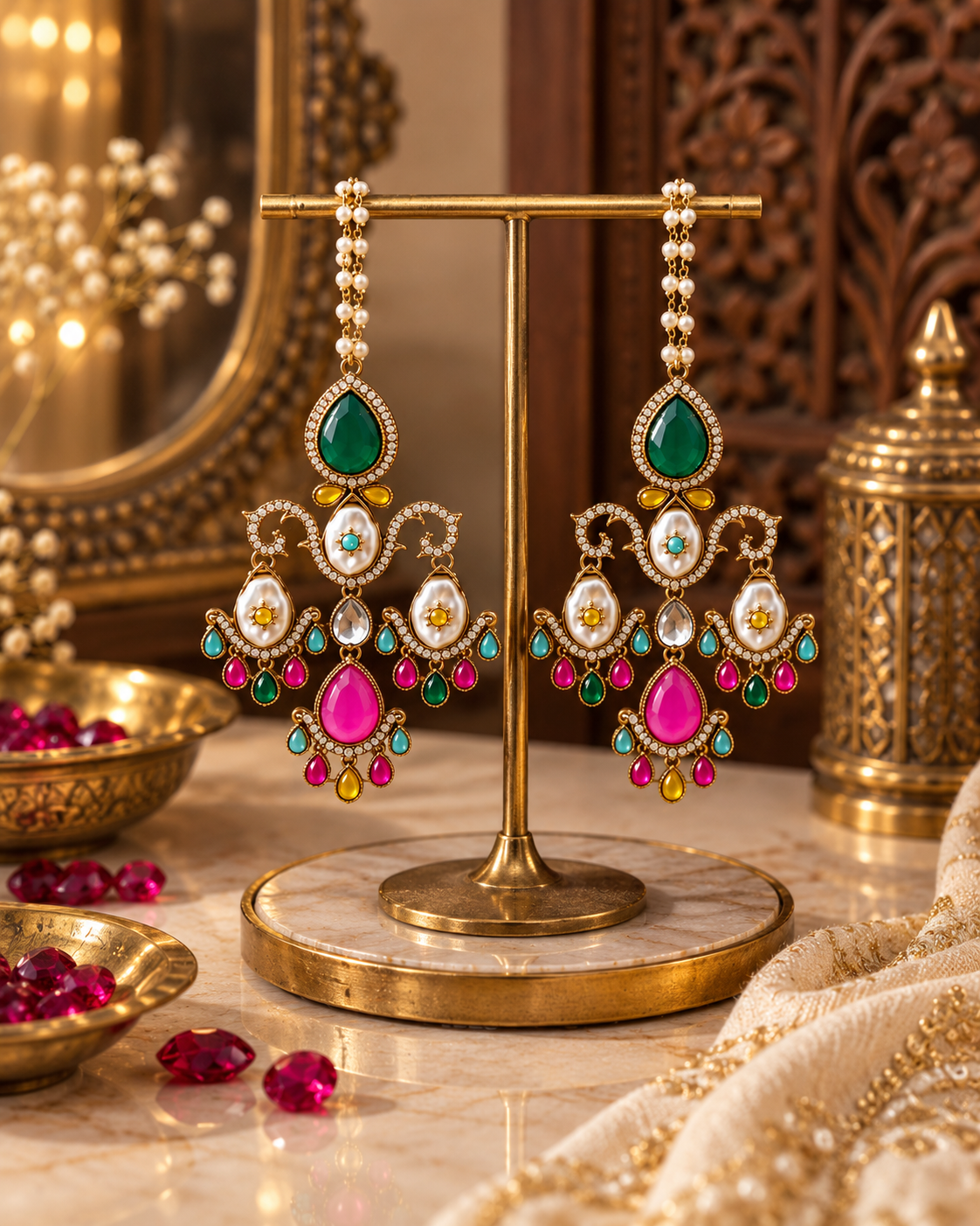 Festive Indian Earrings for Women, Lightweight Ethnic Earrings with Pearl Chain Ear Support, Traditional Jewellery for Karwa Chauth, Wedding, Diwali & Functions