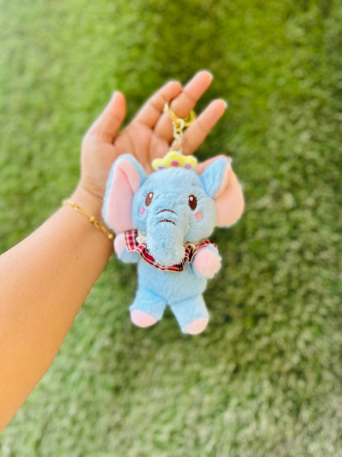 Cute Elephant Plush Keychain | Soft Fluffy Elephant Bag Charm with Crown | Blue Elephant Keyring