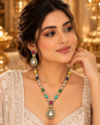 Multicolour Moissanite Necklace Set for Women with Earrings, Heavy-Look Lightweight Indian Ethnic Jewellery for Wedding, Diwali, Karwa Chauth & Festive Occasions