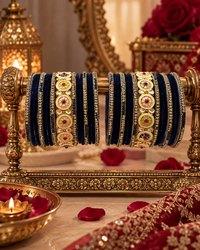 Blue Bangle Set for Women, Designer Velvet Kangan Choodiyan with Stone Pearl & Gold Detailing, Wedding Festive Jewellery for Diwali, Sizes 2.4 & 2.8